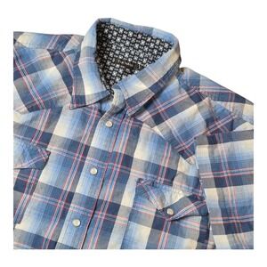 Tin Haul Short Sleeve Pearl Snap Button Western Shirt‎ Blue Plaid Men's XL